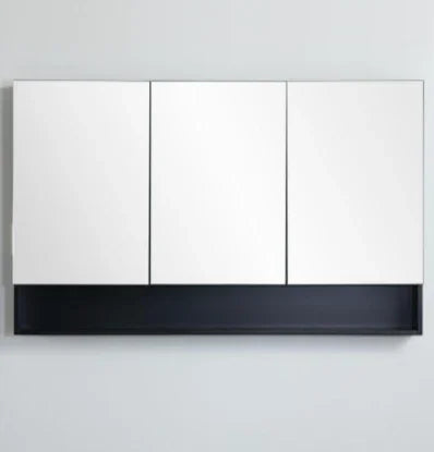 Mirror Cabinet with Open Shelf Pencil Edge 600/750/900/1200/1480x750mm - Matte Black