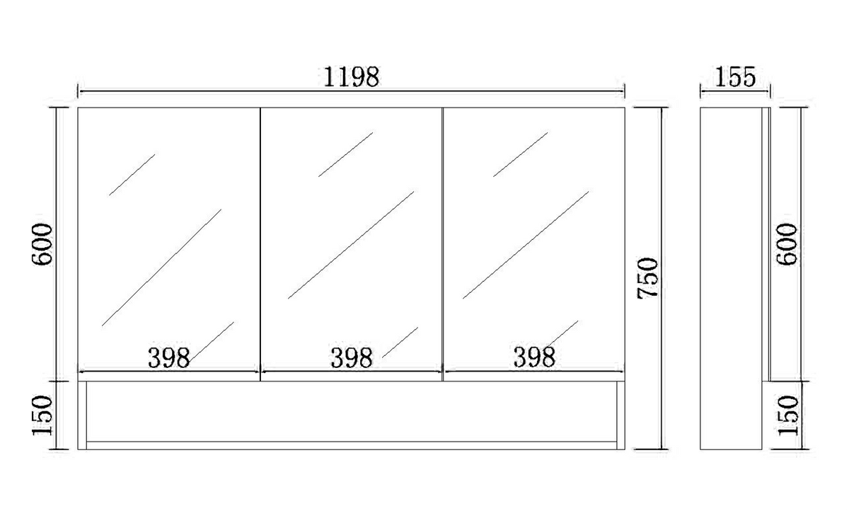 Mirror Cabinet with Open Shelf Pencil Edge 600/750/900/1200/1480x750mm - Matte White
