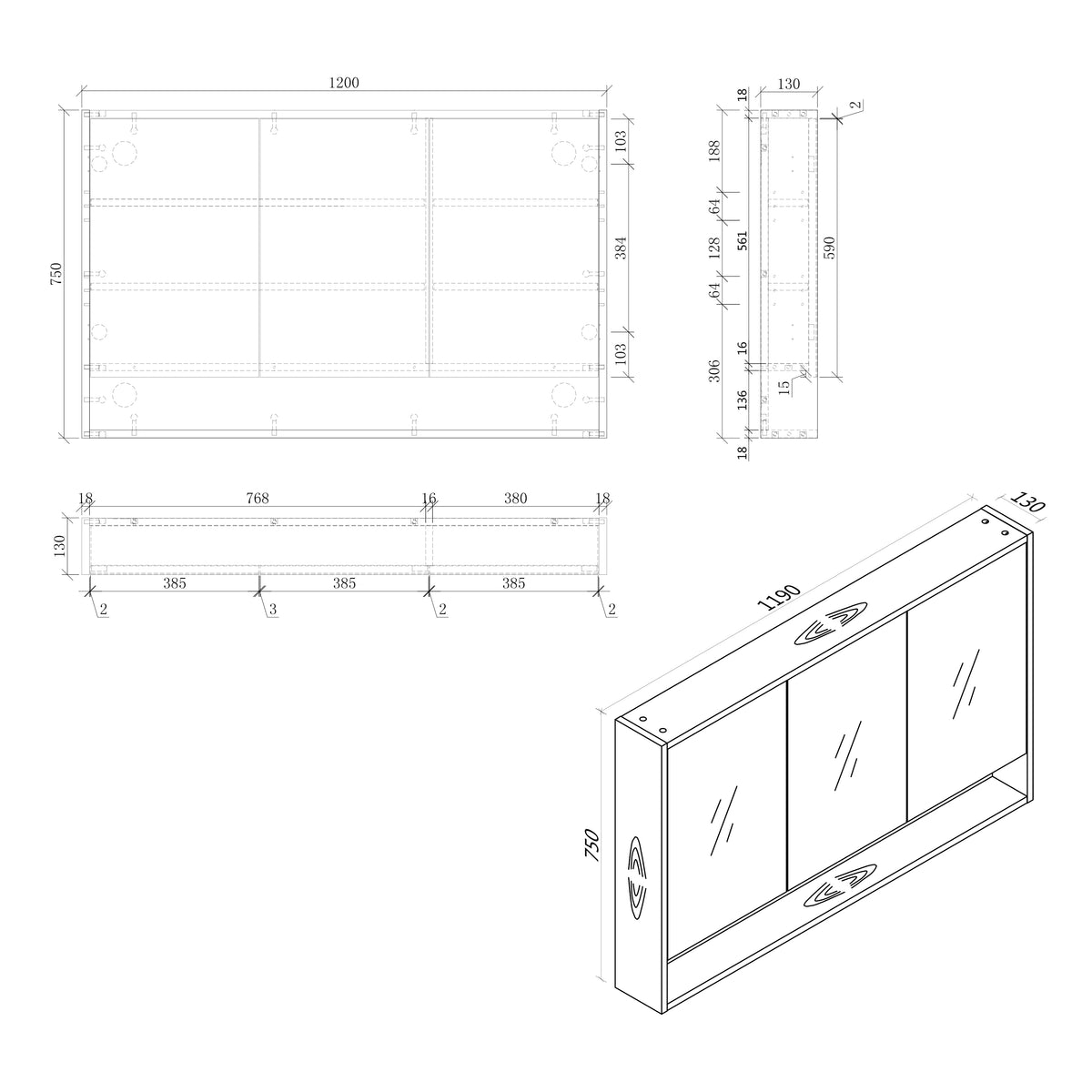 Timber Veneer Mirror Cabinet with Open Shelf Pencil Edge - 750/900/1200x750mm - Various Colours