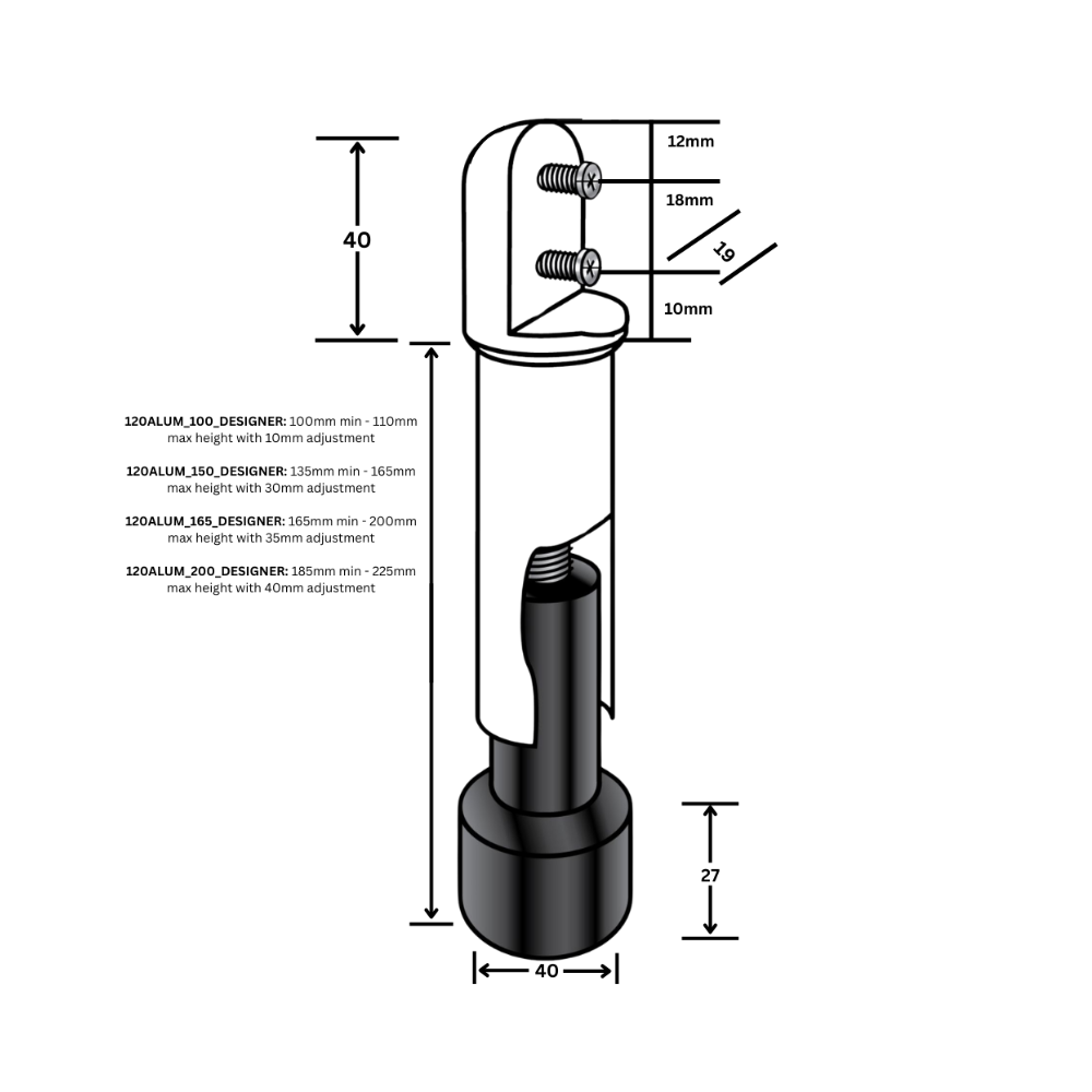 100mm Heavy Duty Aluminium Leg in Designer Black - 120ALUM_100_DESIGNER