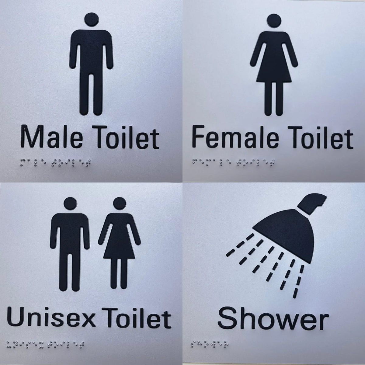 Male toilet, female toilet, unisex toilet and shower Braille sign examples