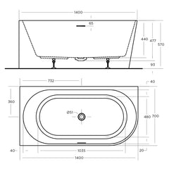 Left Hand Corner Back to Wall Freestanding Bath 1400mm - Gloss White