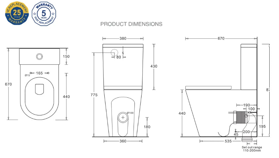 Johnson Suisse Raised Height Back To Wall Tornado Rimless Flush Toilet Suite with Soft Close Seat - White (4 Star)