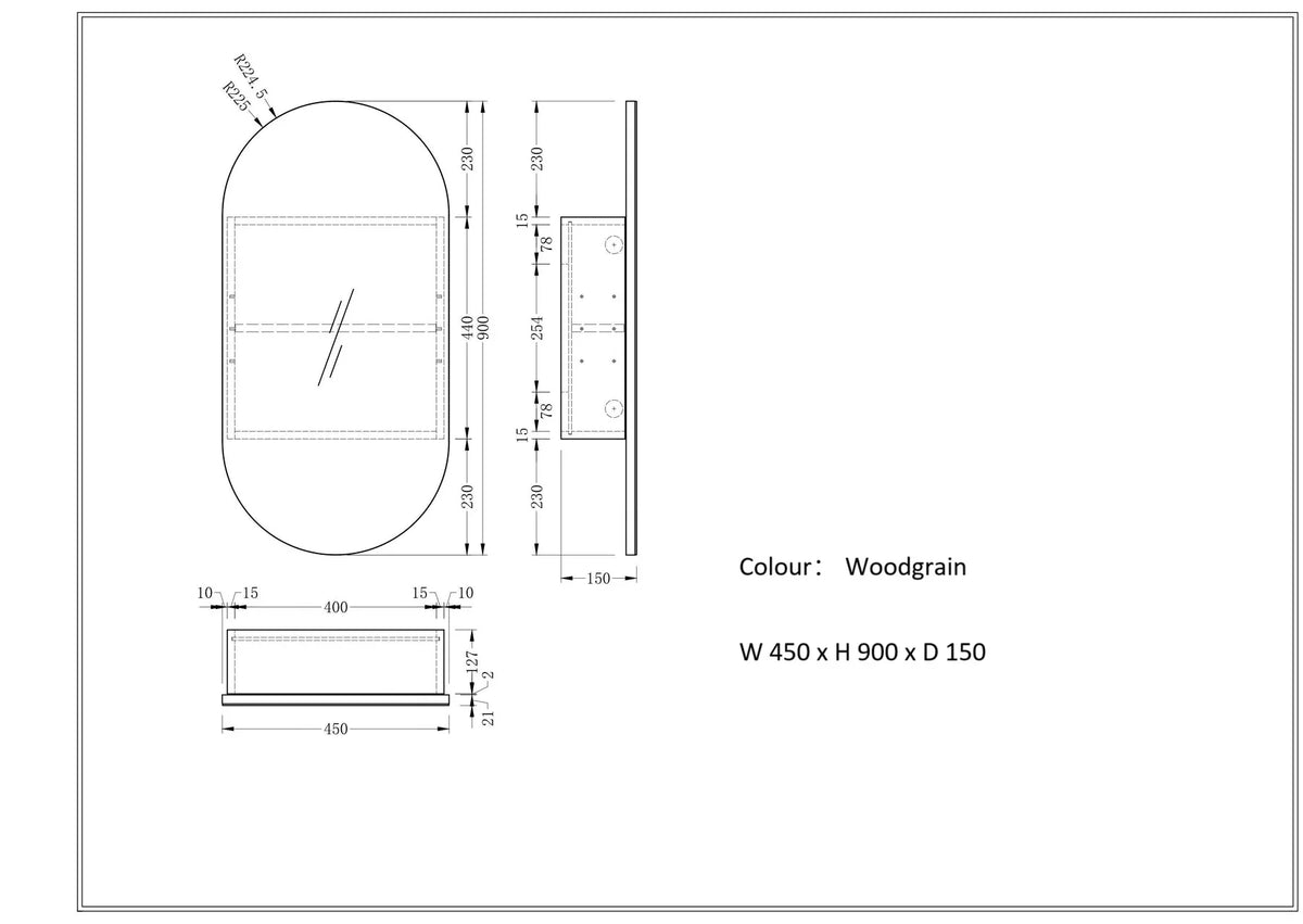 Pill Shape Mirror Cabinet Pencil Edge 450x900mm - Matte White / Matte Black / Woodgrain