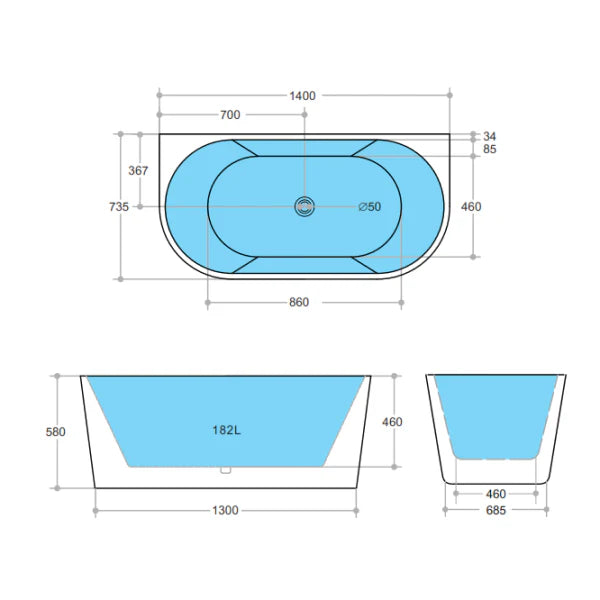 Back to Wall Freestanding Bath 1400 / 1500 / 1700 - Matte White