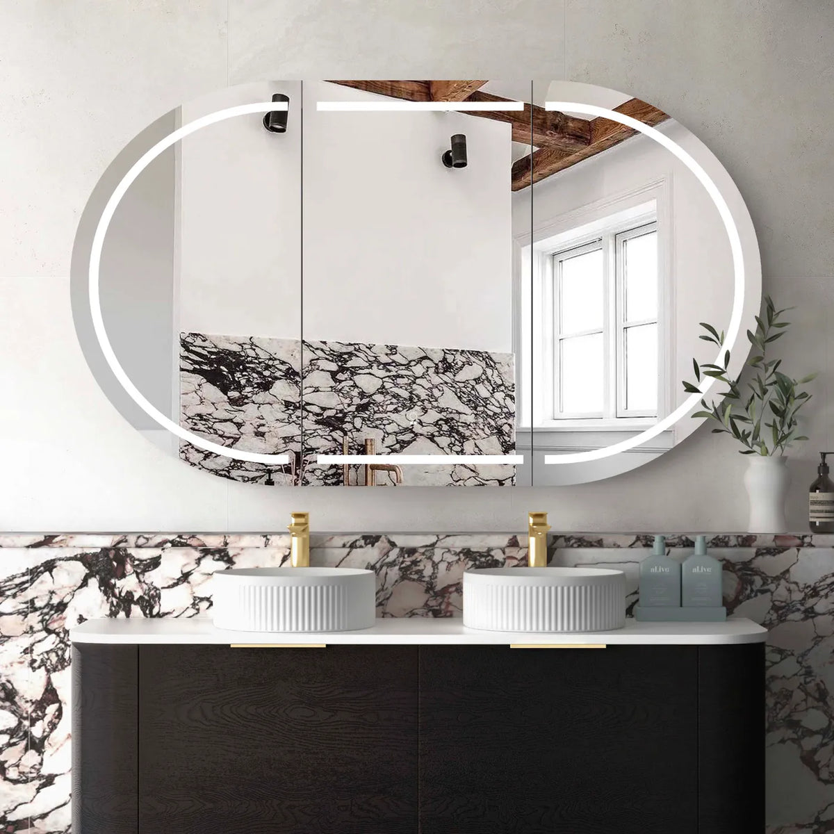 Oval LED Mirror Cabinet 900/1200/1500/1800mm - Matte White / Natural Oak / Black Oak