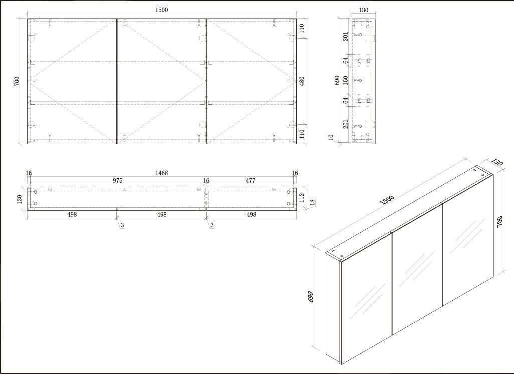 Mirror Cabinet Pencil Edge 1500mm - White / Woodgrain Finish