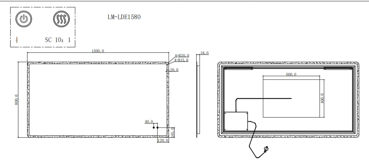 Rectangle Frameless Front Lit LED Bathroom Mirror Touch-on Switch - Various Sizes