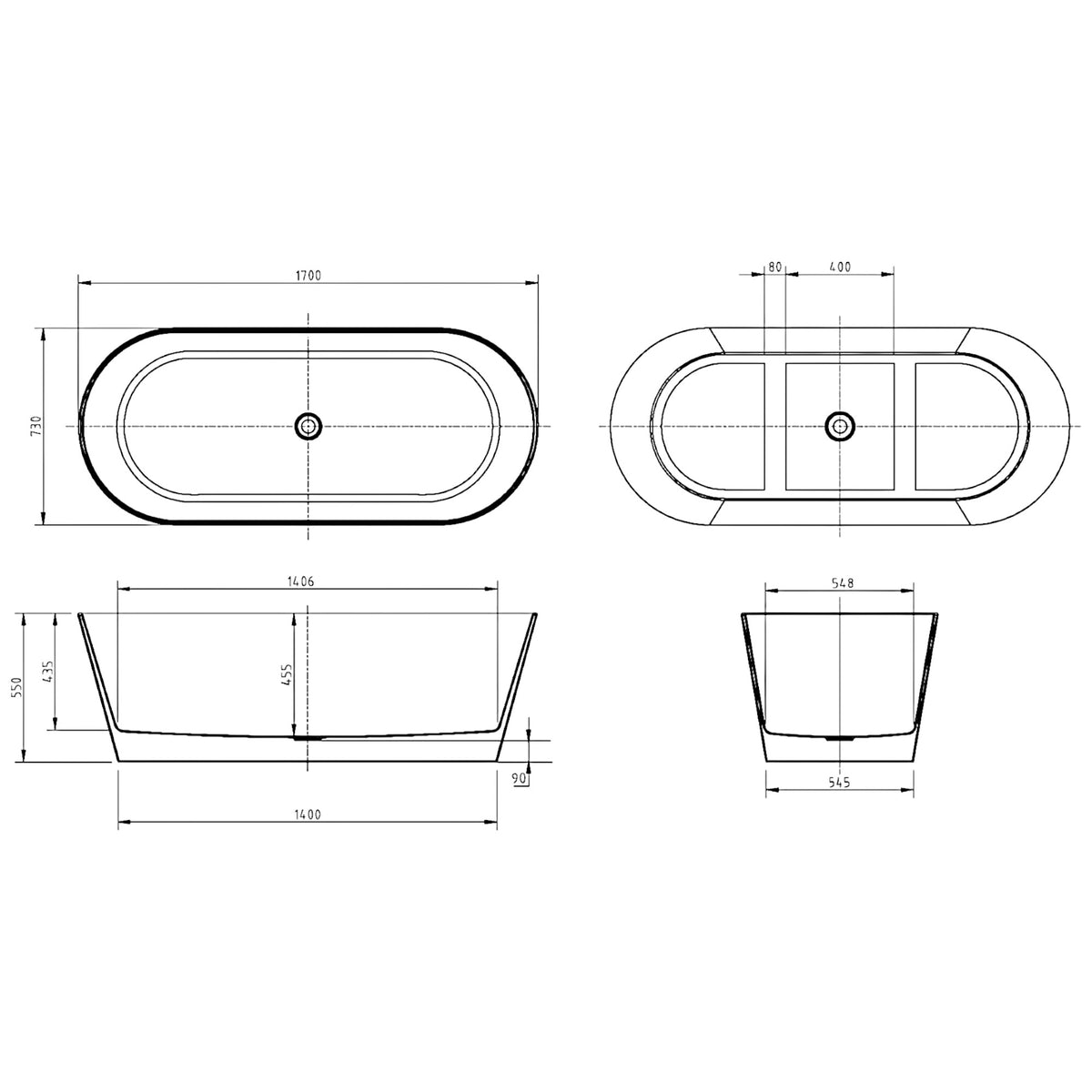 Oval Freestanding Bath 1370 / 1520 / 1700 mm - Gloss White