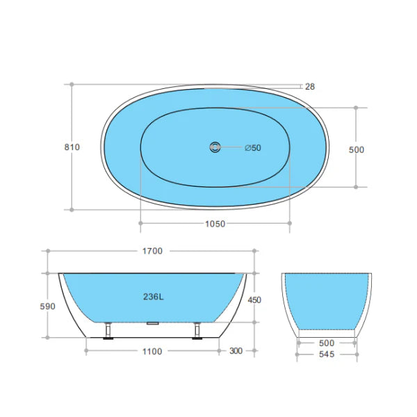 Oval Freestanding Bath 1500 / 1700mm - Matte Black & White