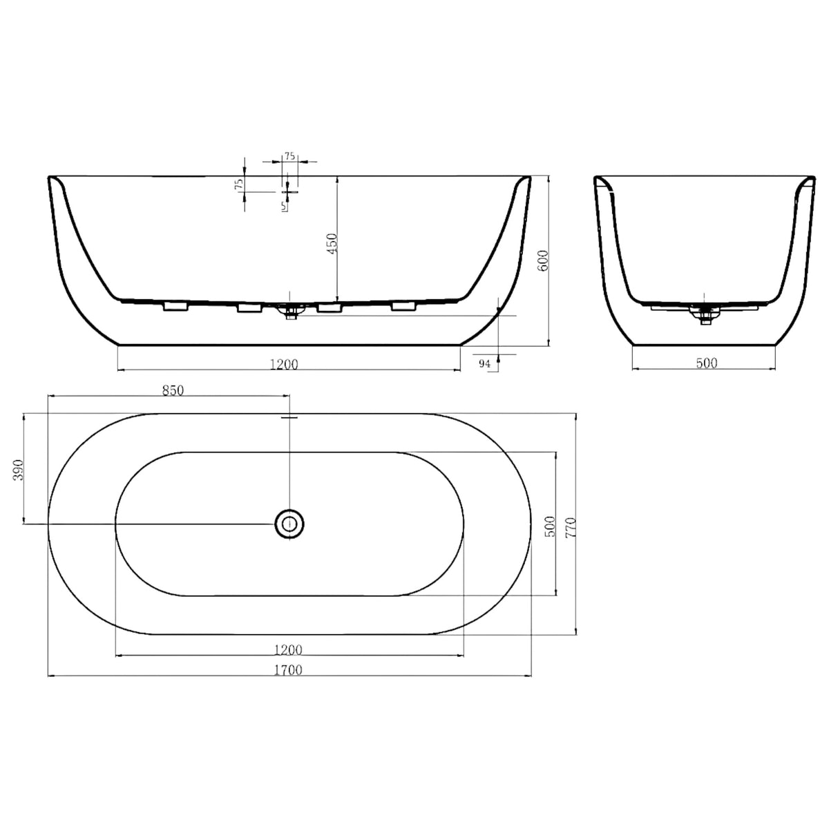 Oval Freestanding Bath with Overflow 1500 / 1700 mm - Gloss White / Matte White