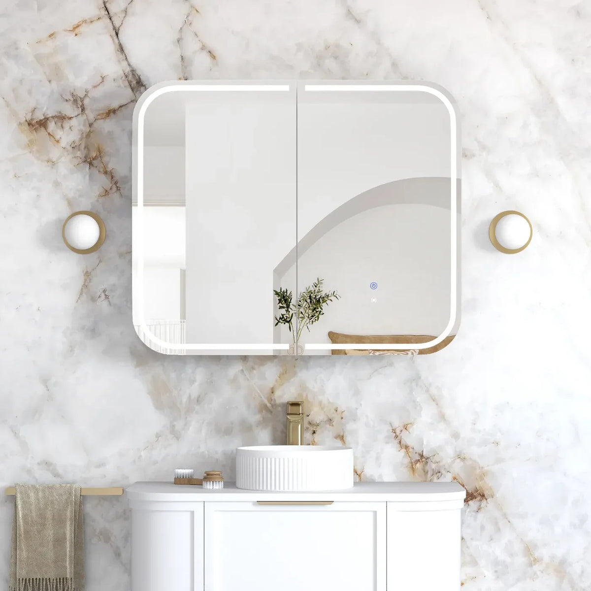 Soft Square LED Mirror Cabinet 450/900/1200/1500x750mm - Matte White / Natural Oak / Black Oak
