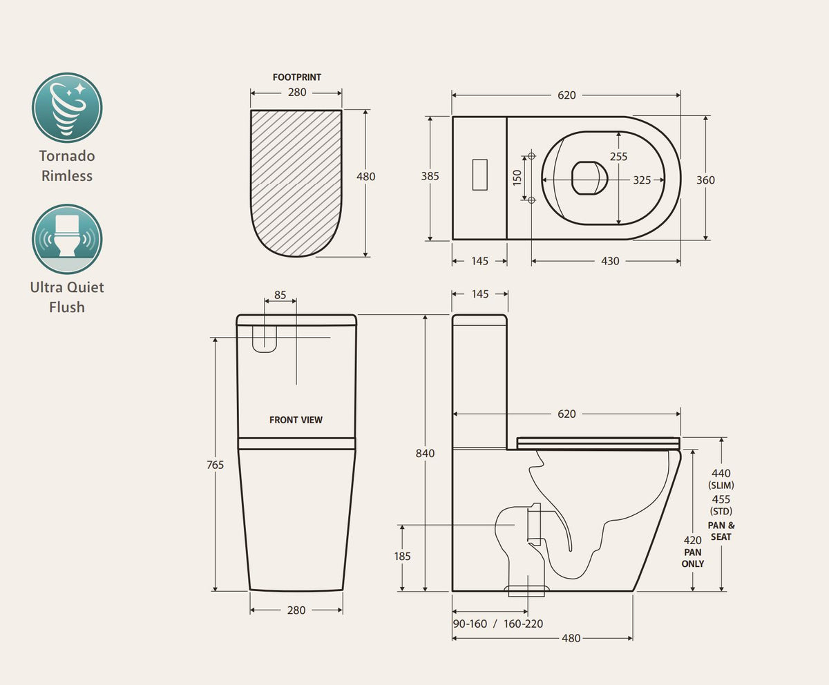Short Projection Raised Height Back To Wall Tornado Rimless Flush Toilet Suite with Soft Close Seat - White (4 Star)