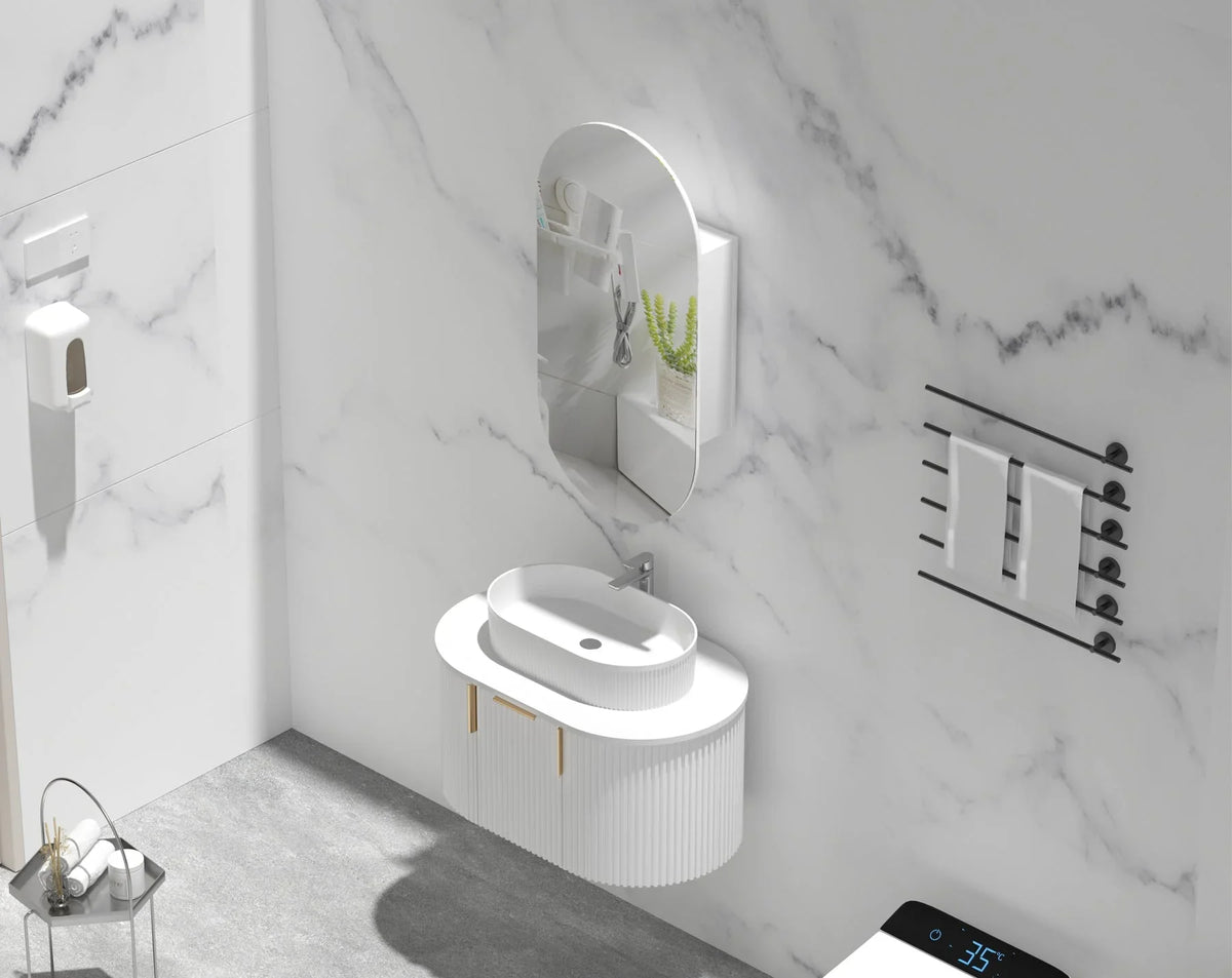 Pill Shape Mirror Cabinet Pencil Edge 450x900mm - Matte White / Matte Black / Woodgrain