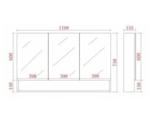 Mirror Cabinet with Open Shelf Pencil Edge 600/750/900/1200/1480x750mm - Matte Black