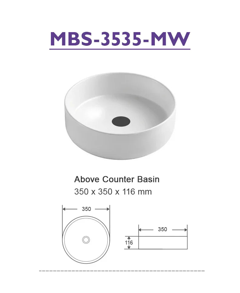 MBS3535MW Matte White Ceramic Basin 350x350x116mm