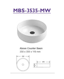 MBS3535MW Matte White Ceramic Basin 350x350x116mm
