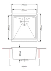 Granite Black Single Bowl Undermount / Topmount Sink 430x460mm - Various Colours