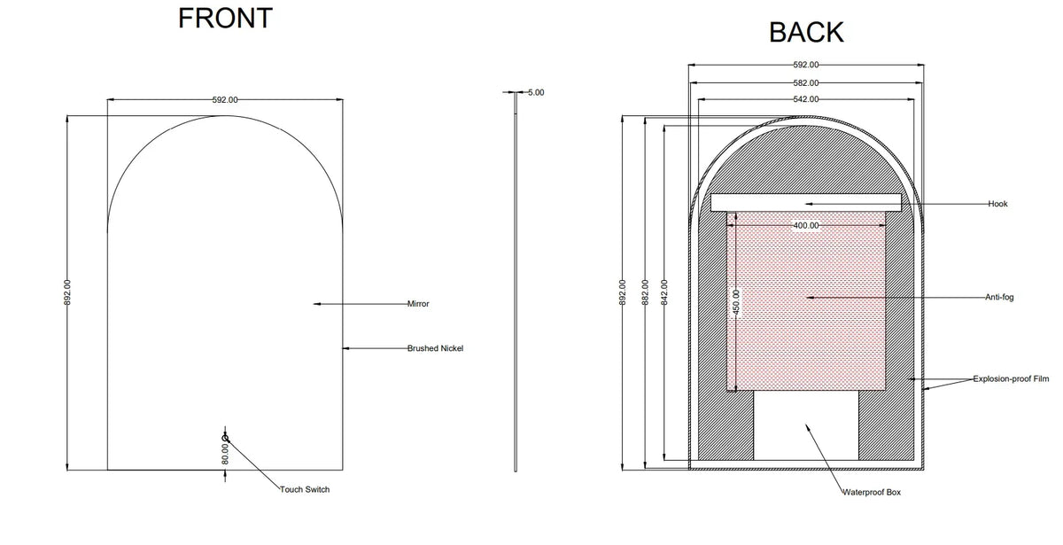 Arch Shape Framed LED Mirror with Demister 600x900mm - Various Colours Frame