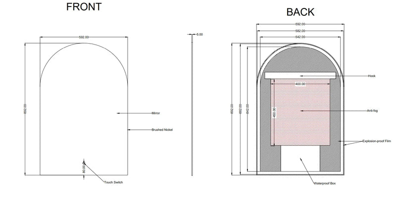 Arch Shape Framed LED Mirror with Demister 600x900mm - Various Colours Frame