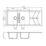 Granite Black Double Bowls with Drainer Topmount Kitchen Sink 1160x500mm - Various Colours