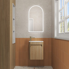 BV92WH Mini Compact Wooden Oak Fluted Wall Hung Ensuite Plywood Vanity 450x295mm