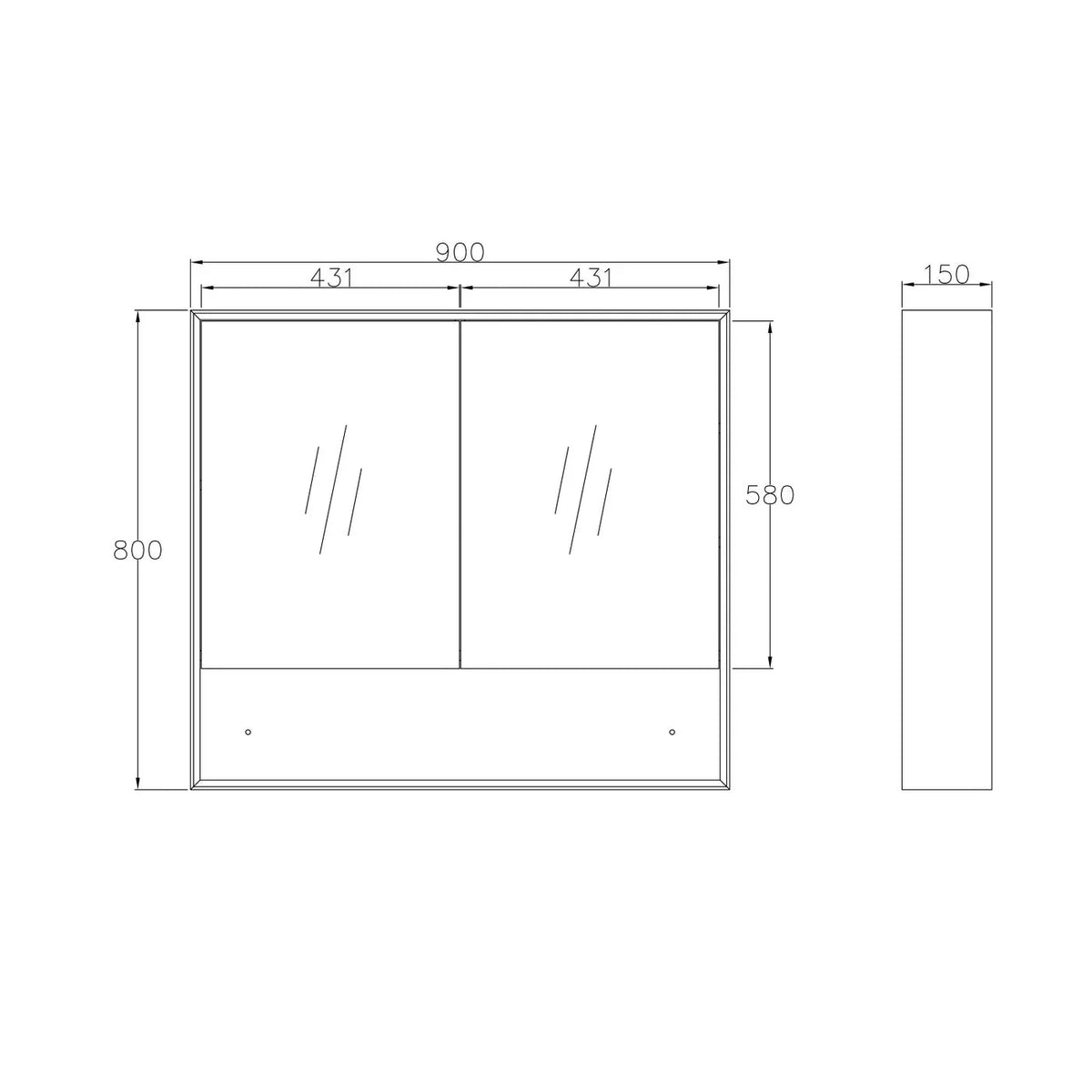 Mirror Cabinet with Open Shelf Pencil Edge - 600/750/900/1200/1500x800mm - Various Colours