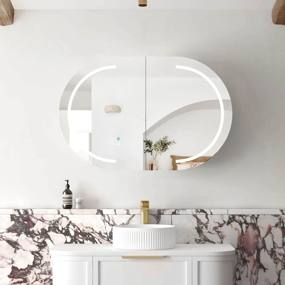Oval LED Mirror Cabinet 900/1200/1500/1800mm - Matte White / Natural Oak / Black Oak