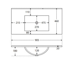 Gloss White Rectangle Bowl 465mm Depth Ceramic Vanity Top (No Taphole) - Various Sizes