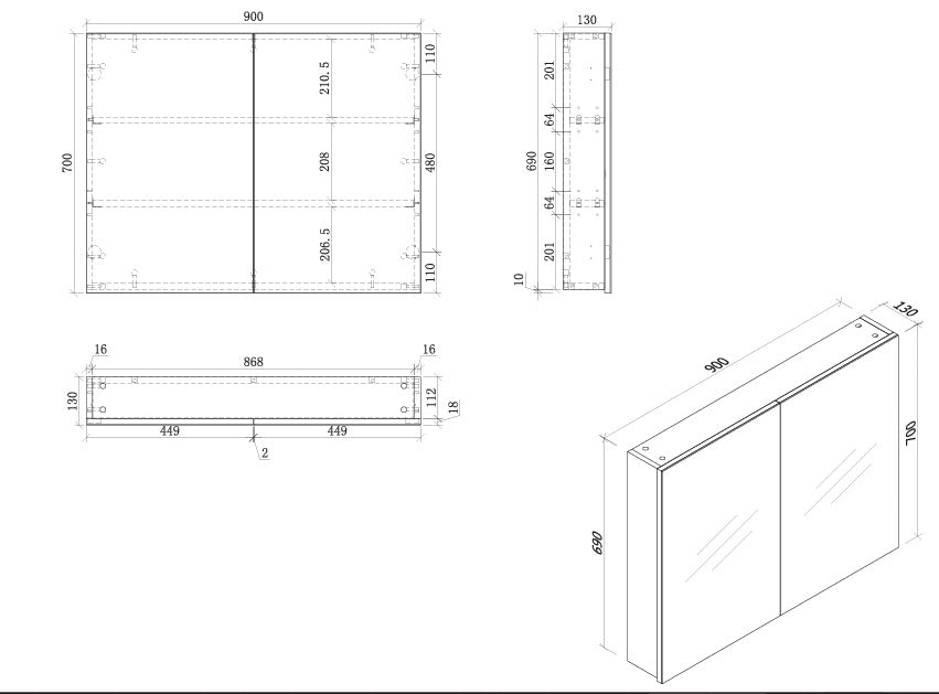 Mirror Cabinet Pencil Edge 600/750/900/1200mm - Various Colours