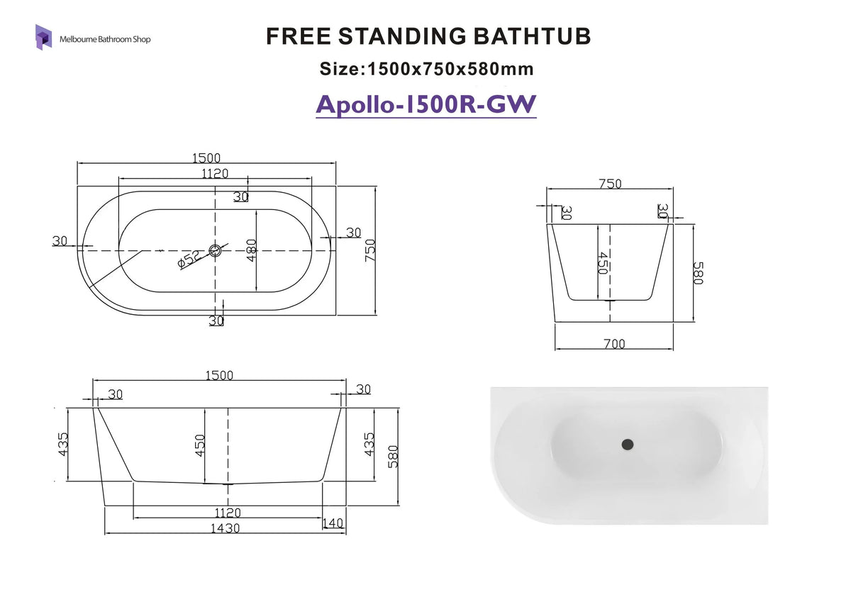 Apollo Right Hand Corner Freestanding Bath 1500mm - Gloss White