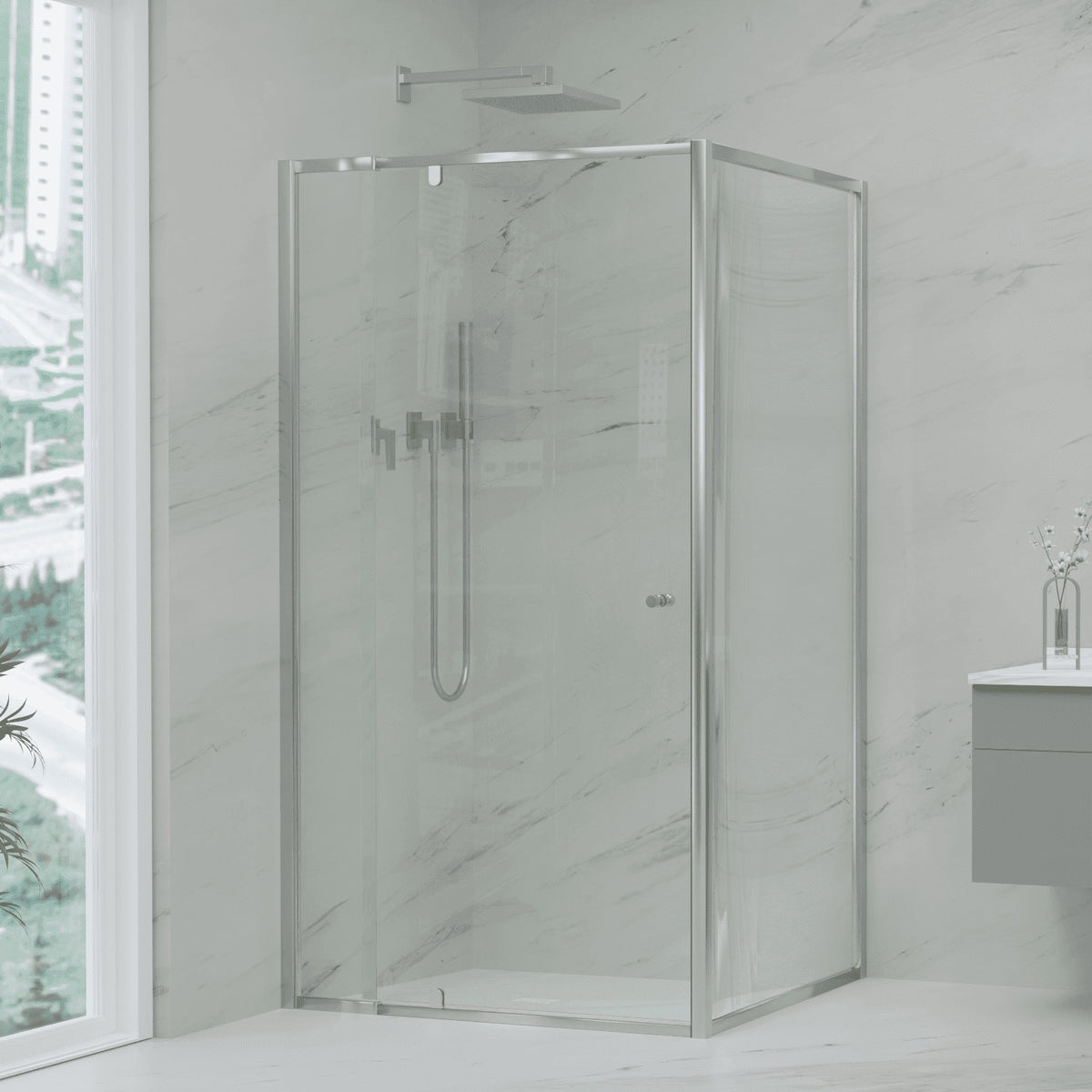 Chrome 6mm Full Framed Pivot Shower Screen – Front & Return, 1950mm High, Special Order