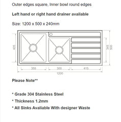 Double Bowls Sink with Drainer Topmount - 1200x500mm - Left Hand / Right Hand