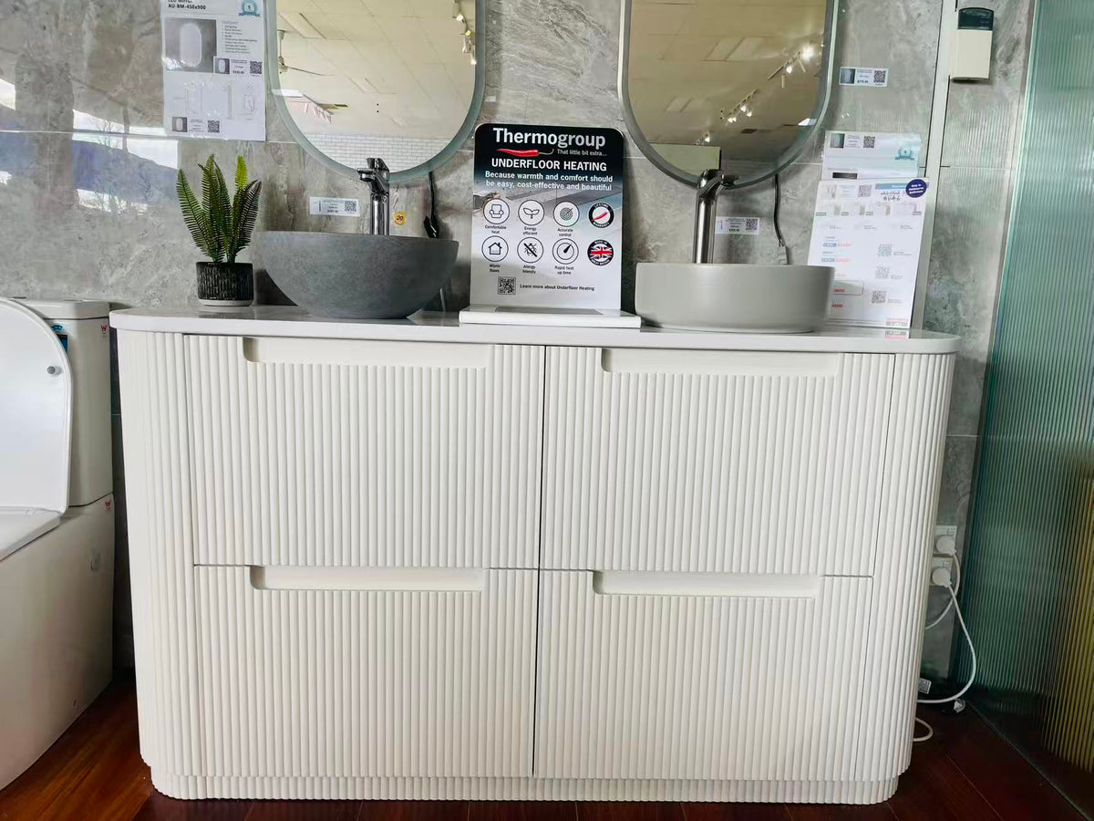 BV46 Fluted Matte White Curve Freestanding Vanity with Pure White stone top Double Bowls