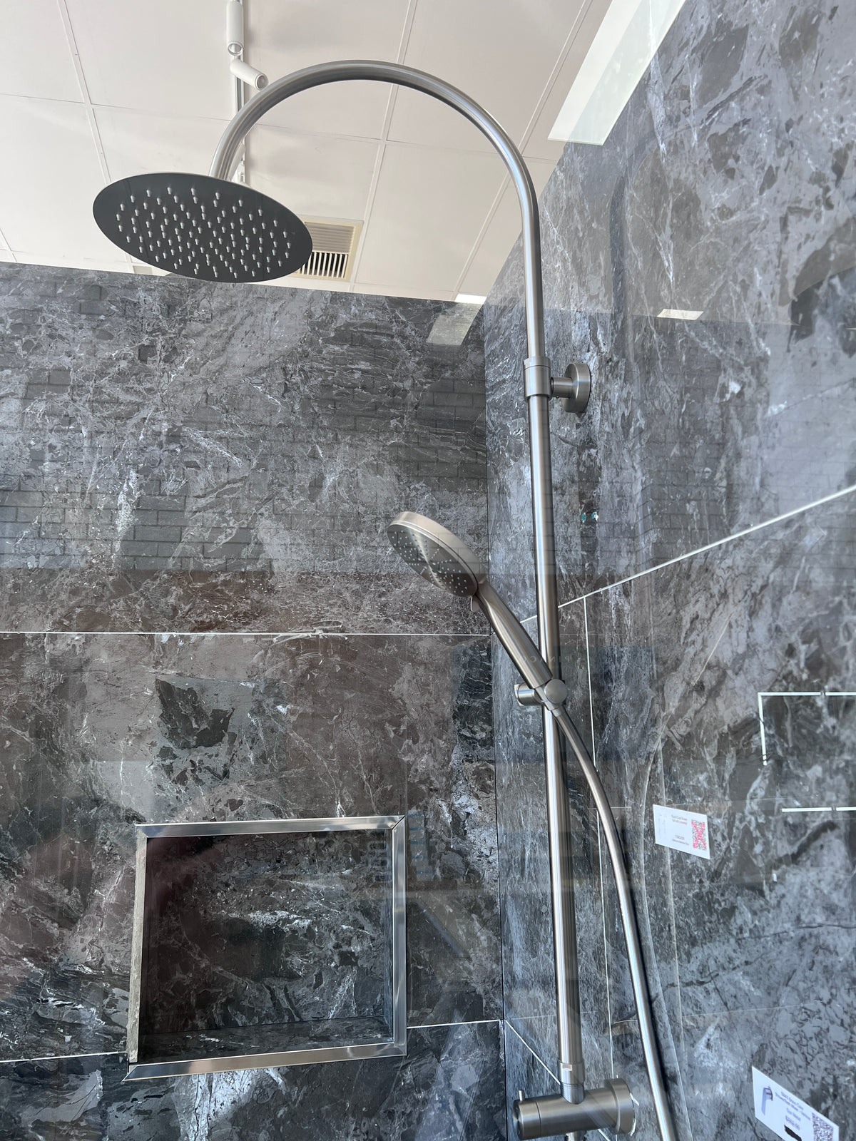 Floor Display - Round Twin Shower Rail (Bottom Inlet) - Brushed Nickel Finish