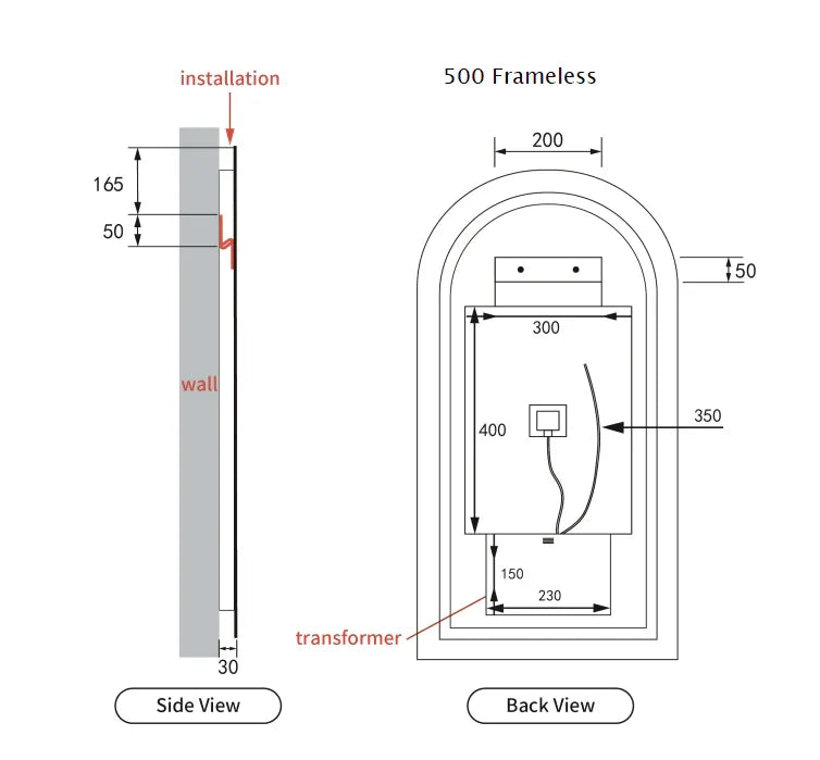 Arched Shape LED Mirror Touchless switch with Demister 500x900mm - Frameless / with Frame