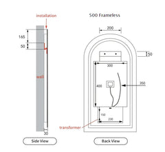 Arched Shape LED Mirror Touchless switch with Demister 500x900mm - Frameless / with Frame