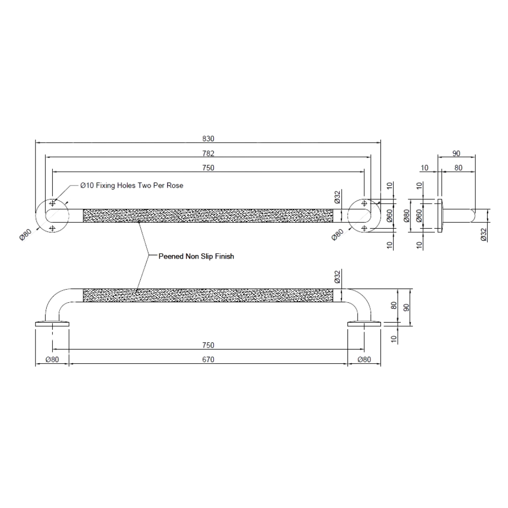 750mm Straight Grab Rail - Peened - MLR332_PEEN