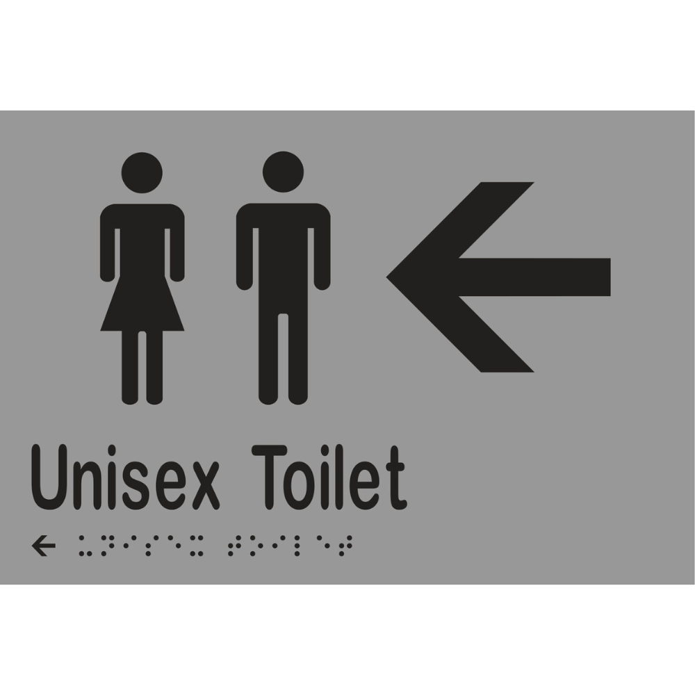 Unisex Toilet & Left Arrow Braille Sign in Silver Vinyl - MLS16217L_SIL