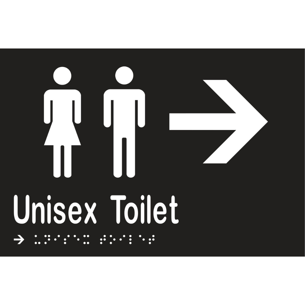 Unisex Toilet & Right Arrow Braille Sign in Designer Black Vinyl - MLS16217R_BLK