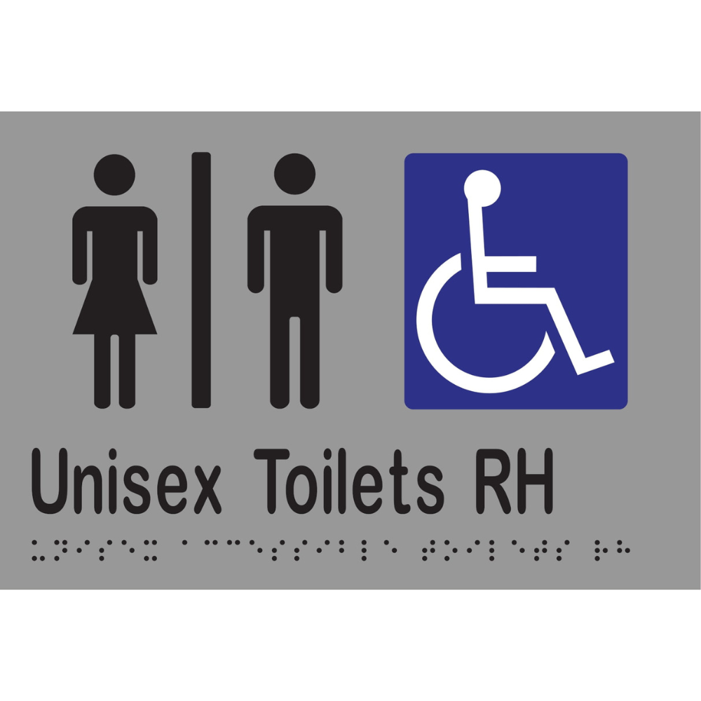 Unisex Accessible Toilets Divided RH Braille Sign in Silver Vinyl - MLS16221_SIL
