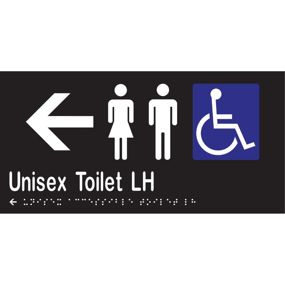 Unisex Accessible Toilet LH & Left Arrow Braille Sign in Designer Black Vinyl - MLS16232L_BLK