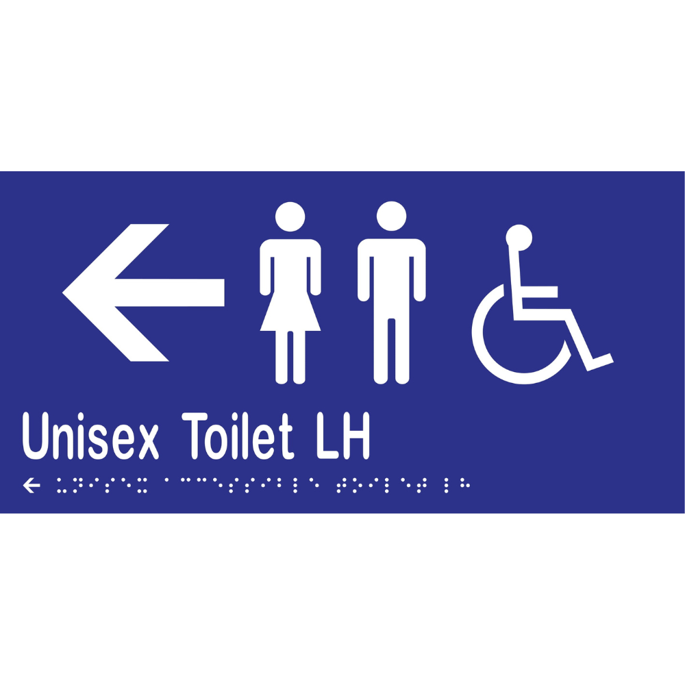 Unisex Accessible Toilet LH & Left Arrow Braille Sign in Blue Vinyl - MLS16232L_BLU