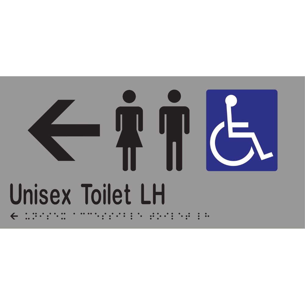 Unisex Accessible Toilet LH & Left Arrow Braille Sign in Silver Vinyl - MLS16232L_SIL