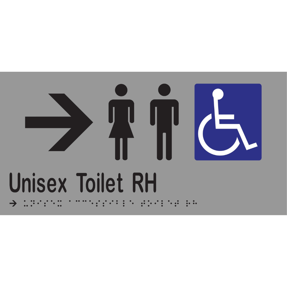 Unisex Accessible Toilet RH & Right Arrow Braille Sign in Silver Vinyl - MLS16233R_SIL