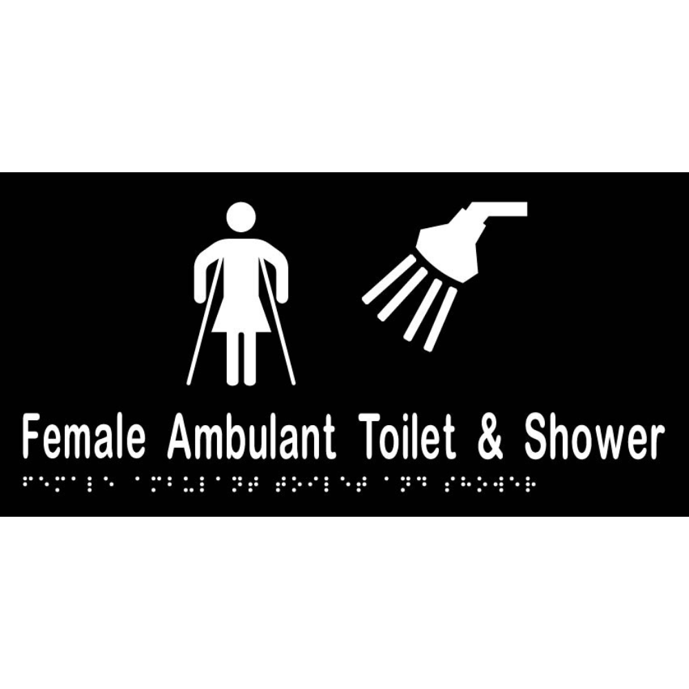 Female Ambulant Toilet & Shower Braille Sign in Designer Black Vinyl - MLS16269_BLK