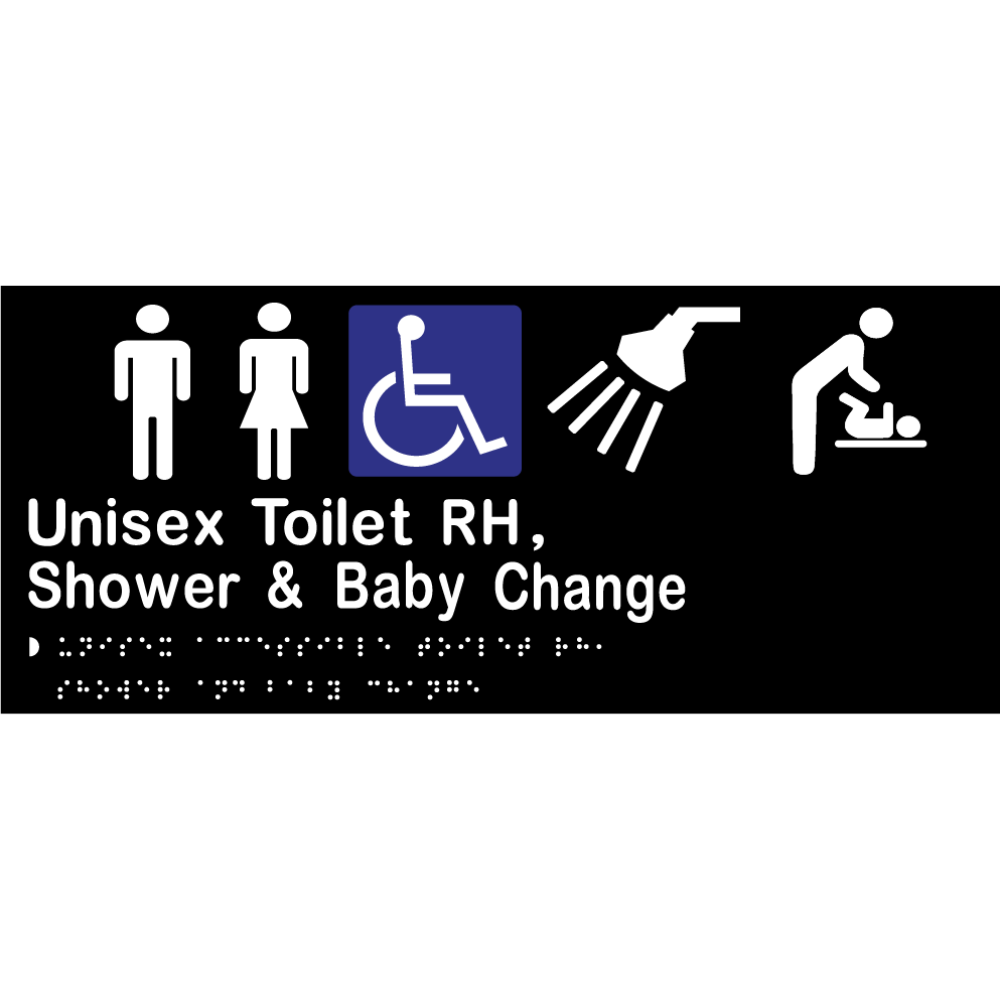 Unisex Accessible Toilet RH, Shower & Baby Change Braille Sign in Designer Black Vinyl - MLS16288_BLK