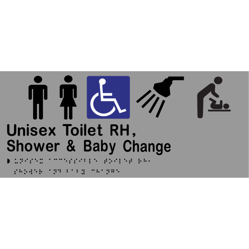 Unisex Accessible Toilet RH, Shower & Baby Change Braille Sign in Stainless Steel - MLS16288_SS
