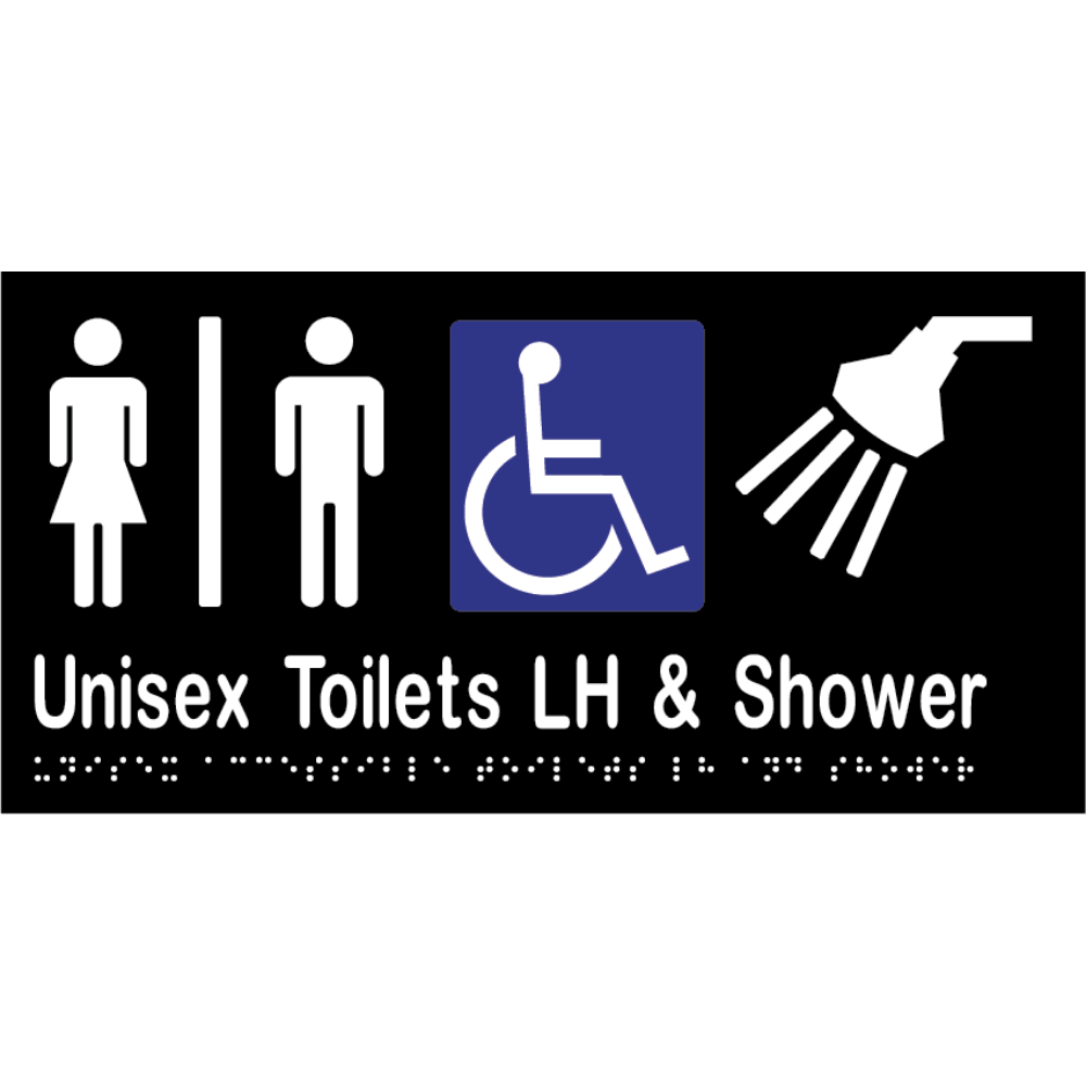Unisex Accessible Toilet Divided LH & Shower Braille Sign in Designer Black Vinyl - MLS16295_BLK