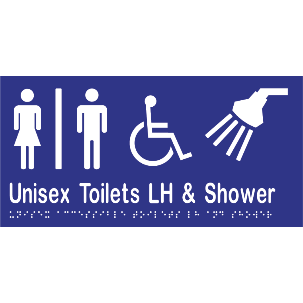 Unisex Accessible Toilet Divided LH & Shower Braille Sign in Blue Vinyl - MLS16295_BLU